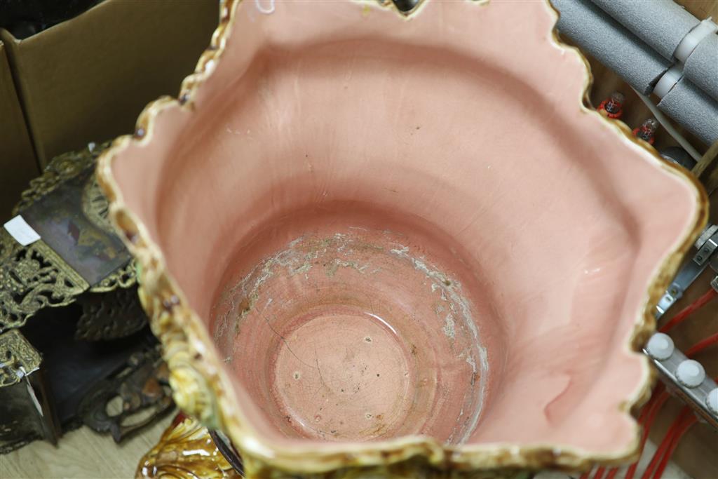 A large Victorian porcelain majolica jardiniere on pedestal stand